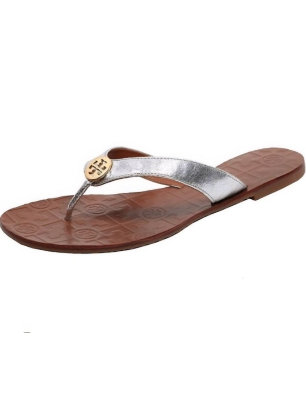 TORY BURCH Thora Silver Metallic Leather Thong Sandals Flip Flops Logo Size 8